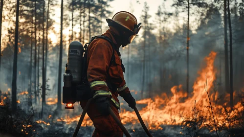 Heroic Firefighter Facing Wildfire in Dense Forest