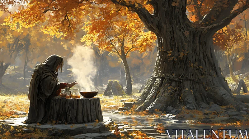 Autumnal Forest Ritual Scene AI Image