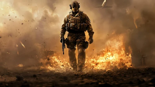 Soldier Walking Through Fire and Smoke