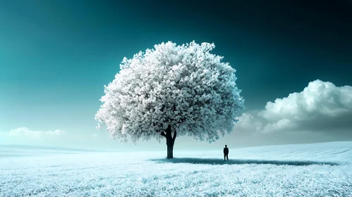 Snowy Tree and Figure in Winter Field