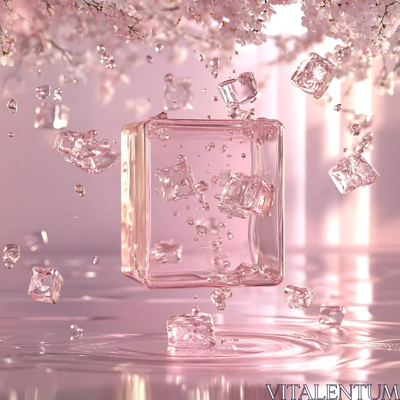 Abstract Ice Cube in Pink Water AI Image