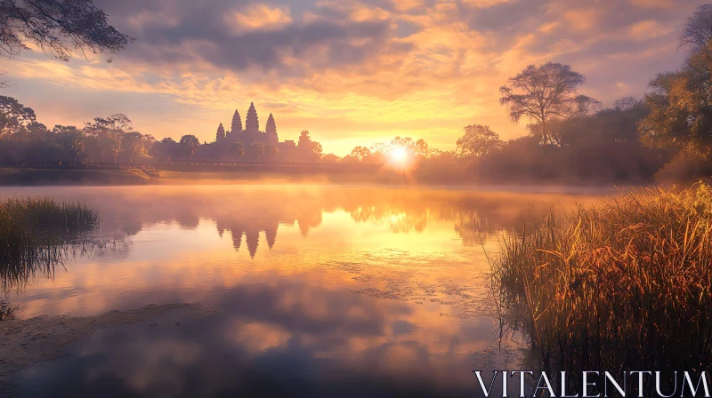 AI ART Golden Sunrise over Angkor Wat Lake