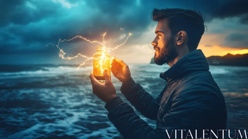 Energy in a Jar by the Sea AI Image