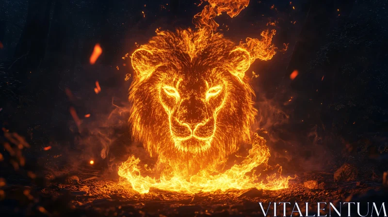 Mystical Fiery Lion's Head in Dark Forest AI Image