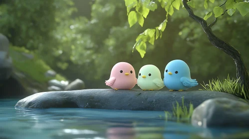 Pastel Birds on a Rock