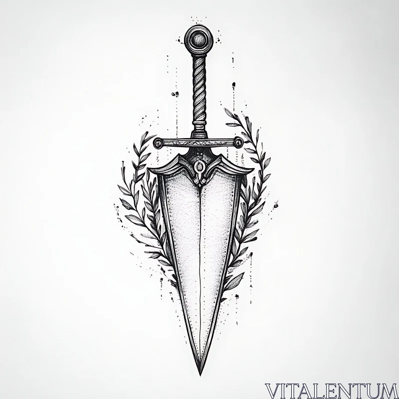 AI ART Monochrome Sword and Laurel Drawing