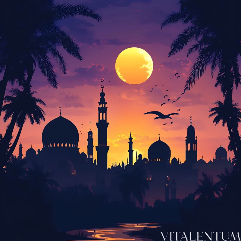 Tranquil Mosque Sunset with Palm Trees AI Image