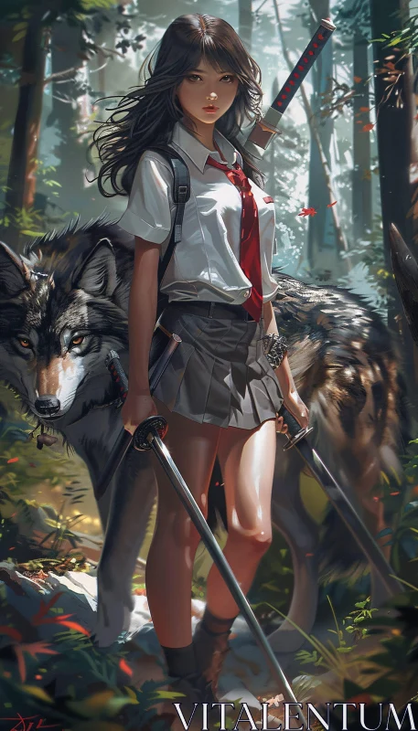 Schoolgirl Warrior with Loyal Wolf Companion AI Image