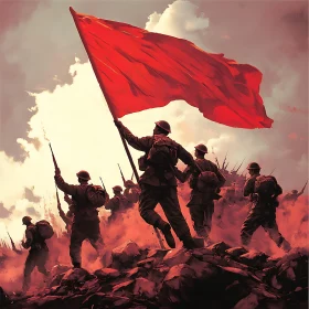 Soldiers Advancing Under Red Flag