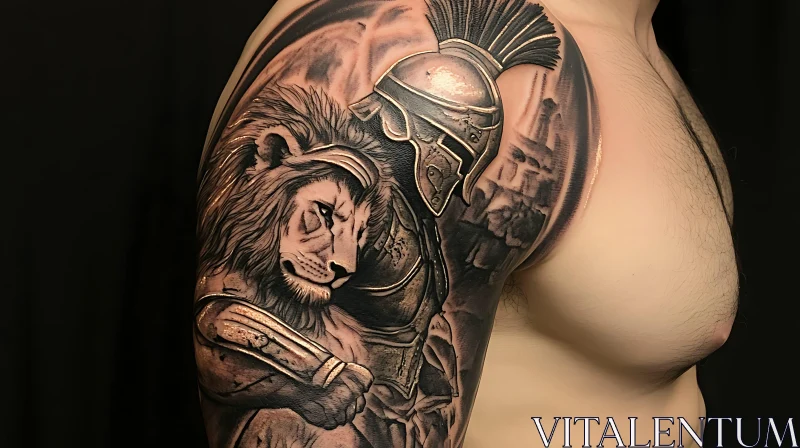 AI ART Shoulder Tattoo: Lion and Warrior