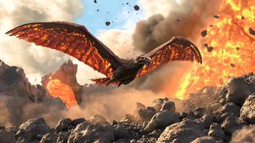 Volcanic Dragon Soaring Above Destruction