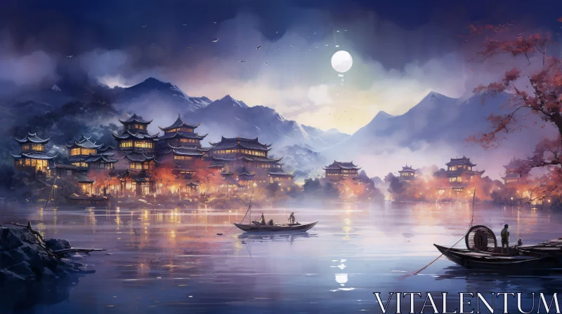 AI ART Serene Asian Lakeside Village at Night