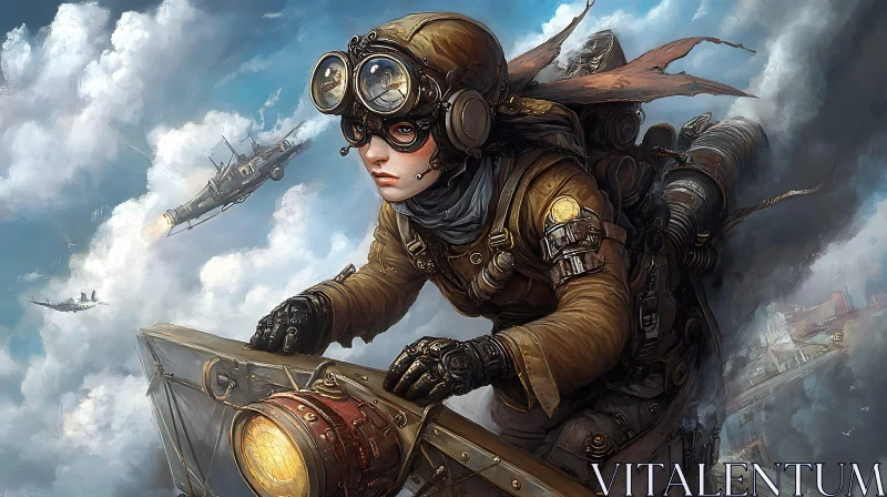 AI ART Woman Pilot in Steampunk Aircraft