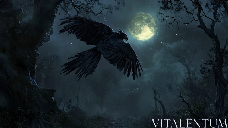 Night Raven in the Dark Forest AI Image