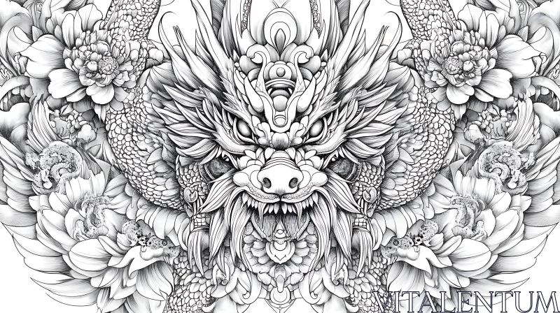 Monochrome Dragon Floral Illustration AI Image