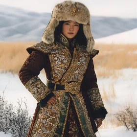 Winter Portrait of Woman in Traditional Dress