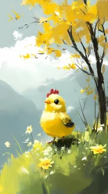 Yellow Chick in Blooming Meadow