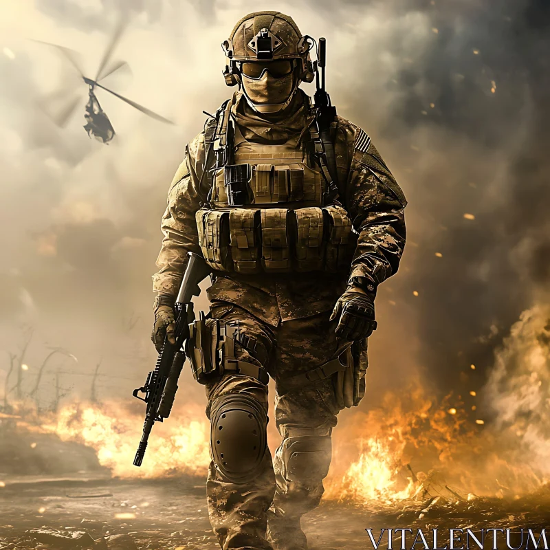 Combat Soldier Walking Through Fire AI Image