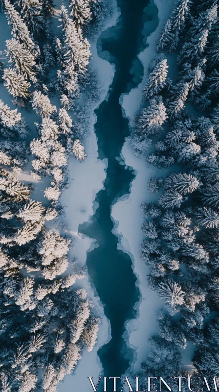 AI ART Winter Wonderland: Aerial View of Snowy Forest and River