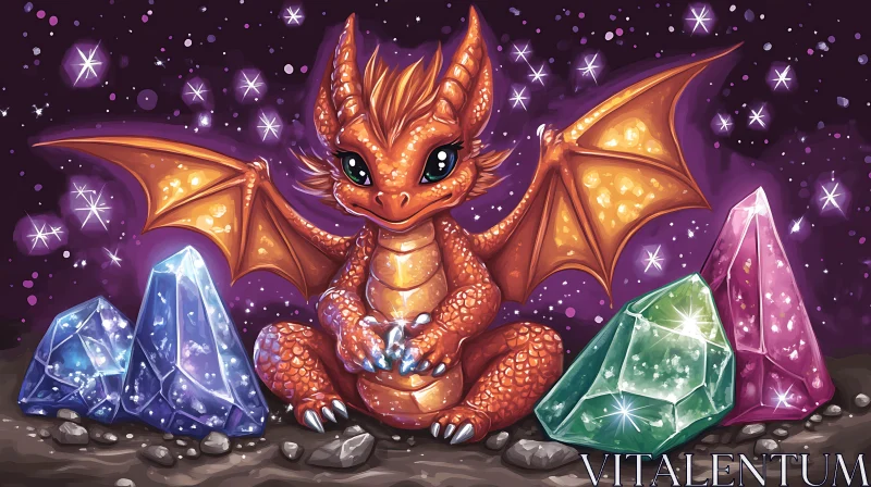 Whimsical Dragon and Gemstone Illustration AI Image