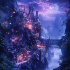 Moonlit Cliffside Castle Fantasy Scene