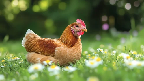 Tranquil Hen Among Spring Blooms