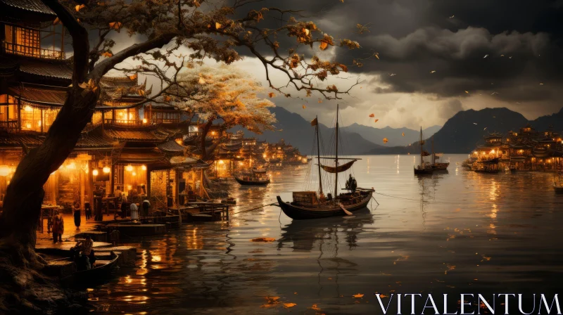 Golden-Hued Coastal Cityscape with Boats and Oriental Street AI Image