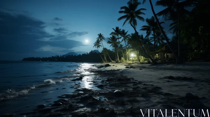 Moonlit Beach with Palm Trees: An Enigmatic Tropical Night AI Image