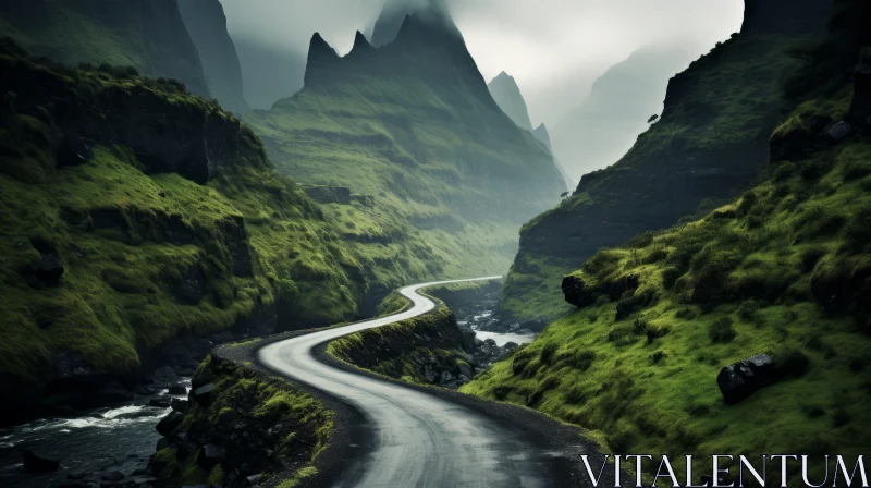 Mountainous Journey: Winding Road through Green Ridges AI Image