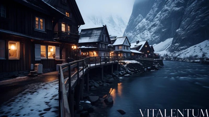 Norwegian Town by River in Evening: A Cabincore Aesthetic AI Image