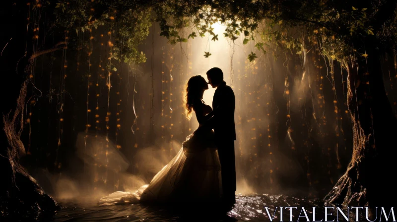 Romantic Fantasy Wedding Scene in Forest at Night AI Image