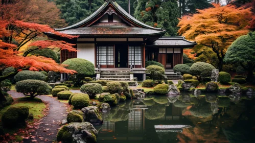 Serene Japanese Garden with Autumn Colors and Rich Contrast