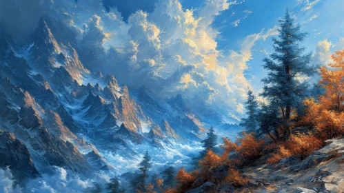 Serene Mountain Landscape Painting | Snowy Peaks and Blue Sky