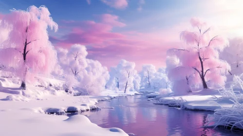 Snow Covered Landscape with Pink River - A Colorful Winter Fantasy