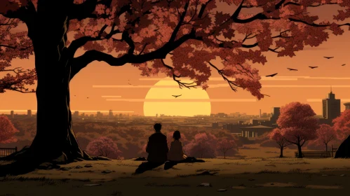 Sunset amidst Orange Trees in Traditional British Landscape - Anime Aesthetic