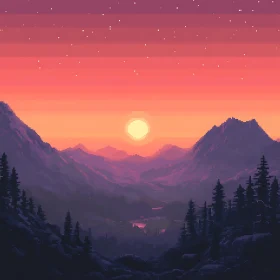 Retro Pixel Mountain View at Sunset