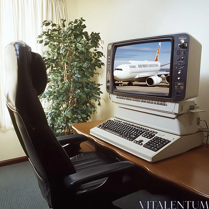 Retro Office Computer Displaying Airplane AI Image