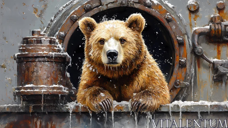 Curious Bear in Snowy Industrial Scene AI Image