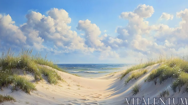 AI ART Peaceful Beach Landscape with Grass-Covered Sand Dunes