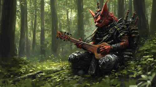 Red Creature Guitarist in Forest Scene