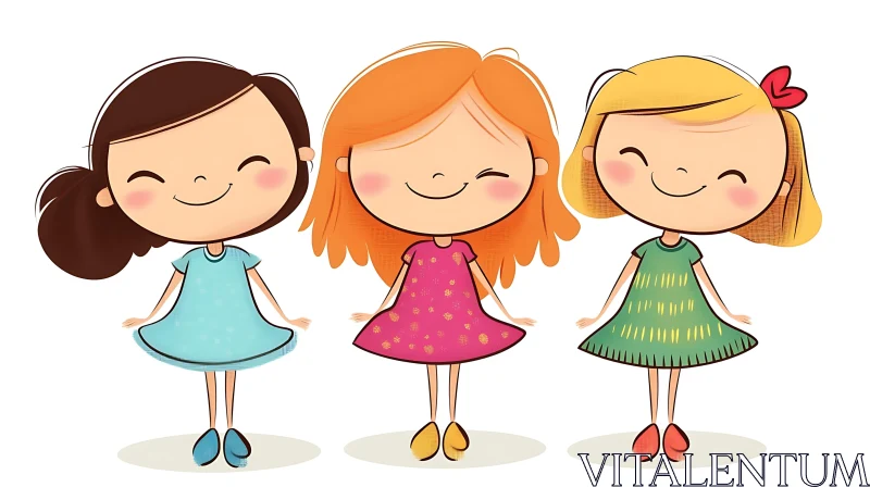 Three Cheerful Cartoon Girls Artwork AI Image