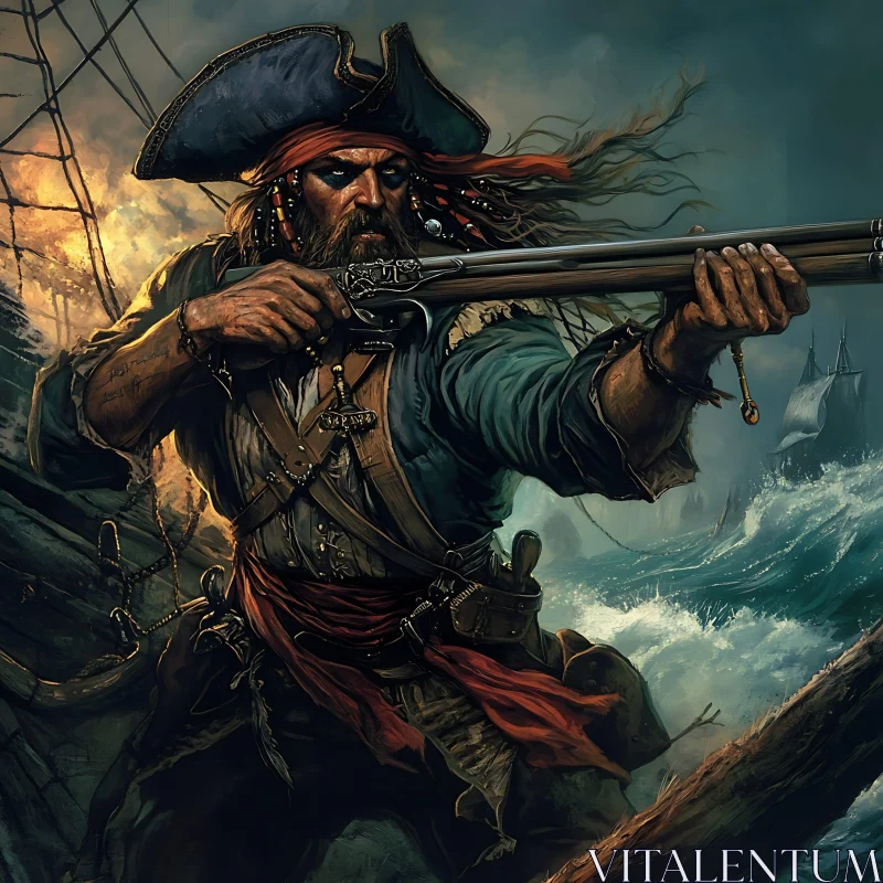 Pirate Warrior with Rifle on Ship AI Image