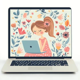 Girl on Laptop with Floral Background Illustration