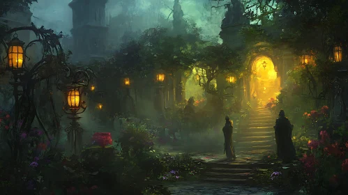 Mystical Garden Scene with Illuminated Archway