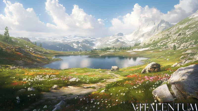 AI ART Tranquil Mountain Lake with Meadow