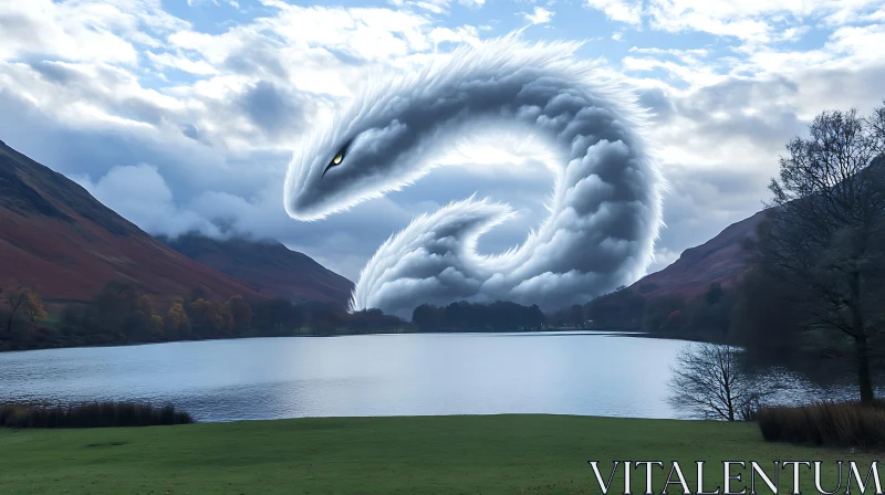 AI ART Mythical Dragon Cloud Over Lake