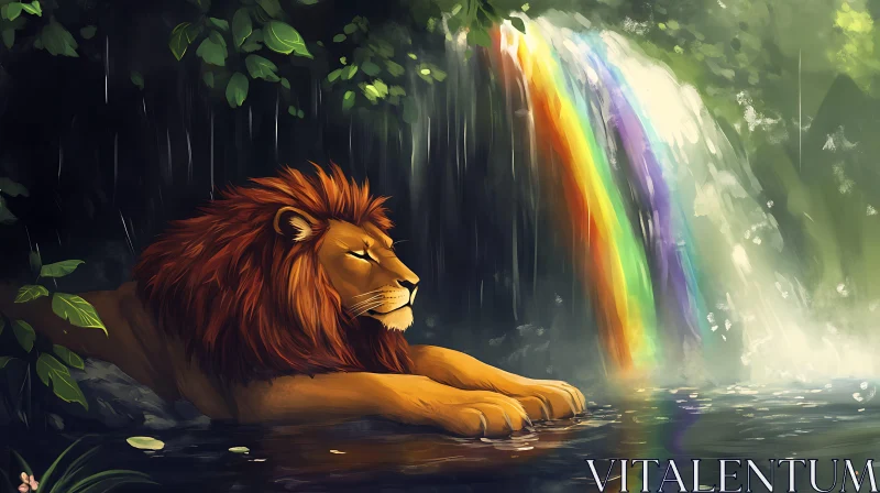 AI ART Peaceful Lion by Rainbow Waterfall