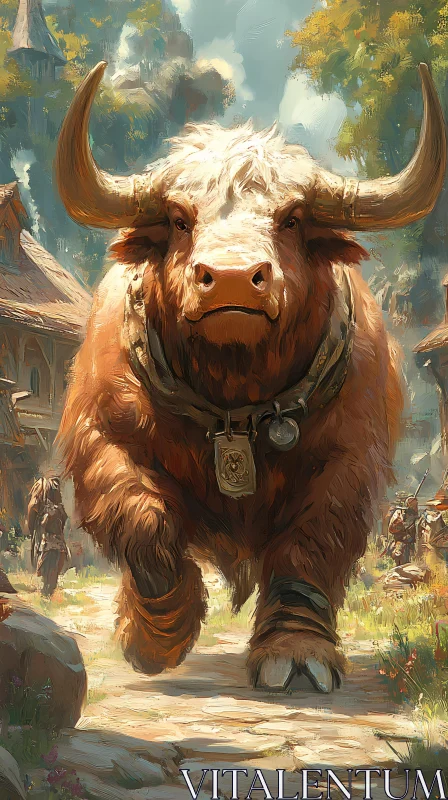 Pastoral Bull on Village Path AI Image