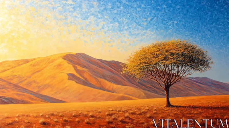 AI ART Isolated Tree and Sunlit Mountainscape