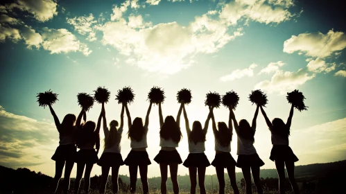 Silhouette of Cheerleaders with Pom-poms